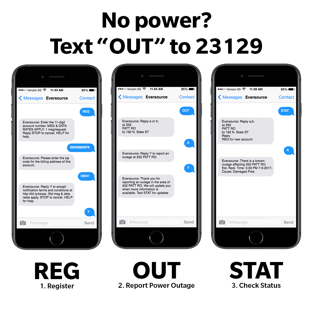 reg-out-stat-mobile Three mobile phone screens showing outage reporting capabilities. Text OUT to 23129 if you're experiencing an outage.
